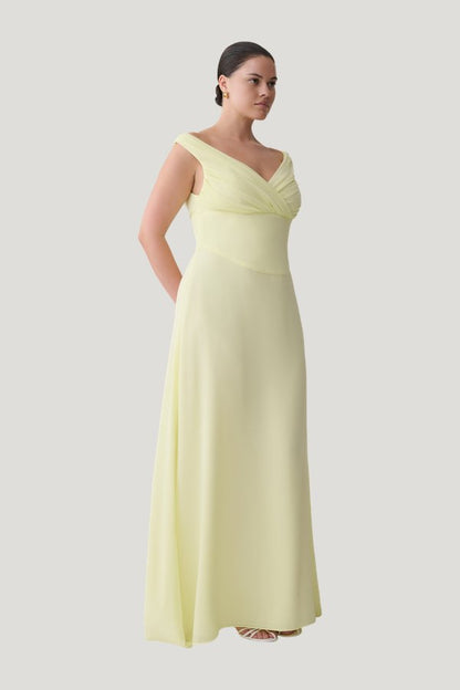 Mabel Off Shoulder Chiffon Maxi Dress — model side