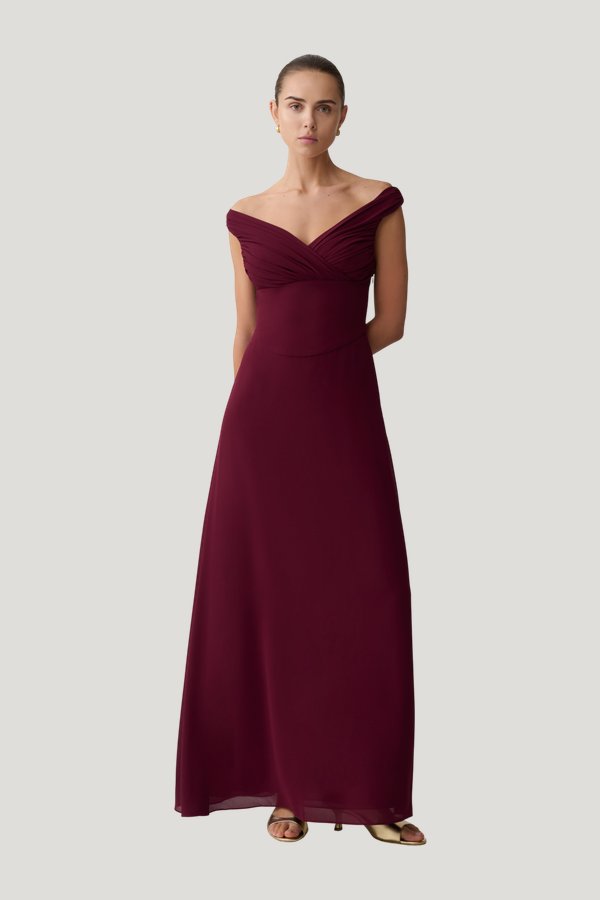 Mabel Off Shoulder Chiffon Maxi Dress - Merlot — model front