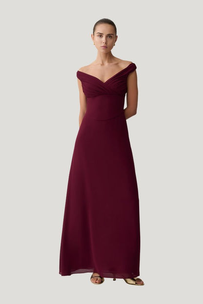 Mabel Off Shoulder Chiffon Maxi Dress - Merlot — model front