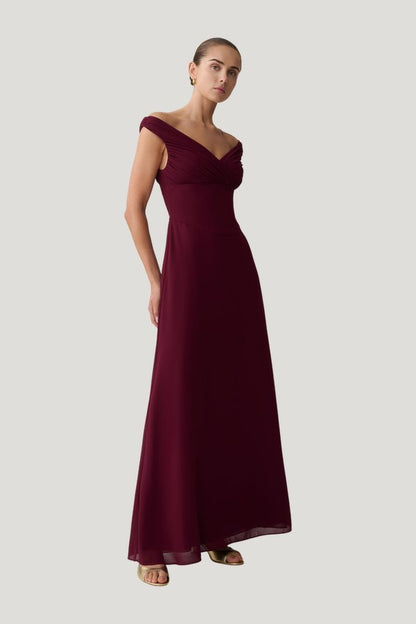 Mabel Off Shoulder Chiffon Maxi Dress - Merlot — model side