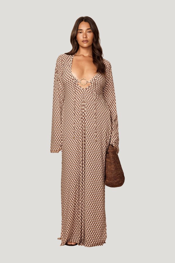 Marabella Kaftan - Husk Geo Tissue Jersey — model front