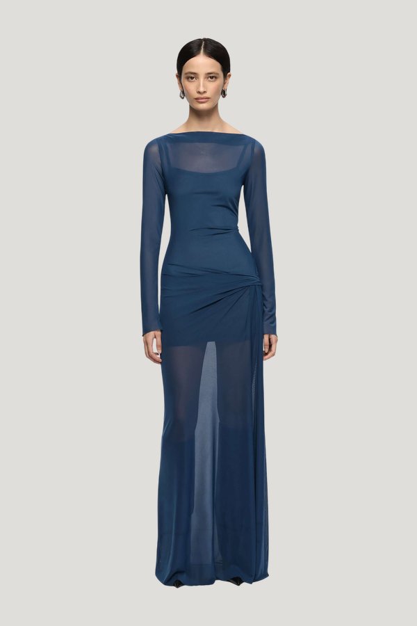 Marabou Long Sleeve Maxi Dress - Petrol — model front