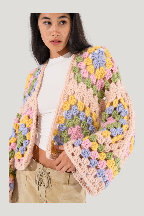 Margot Chunky Crochet Cardigan — model side