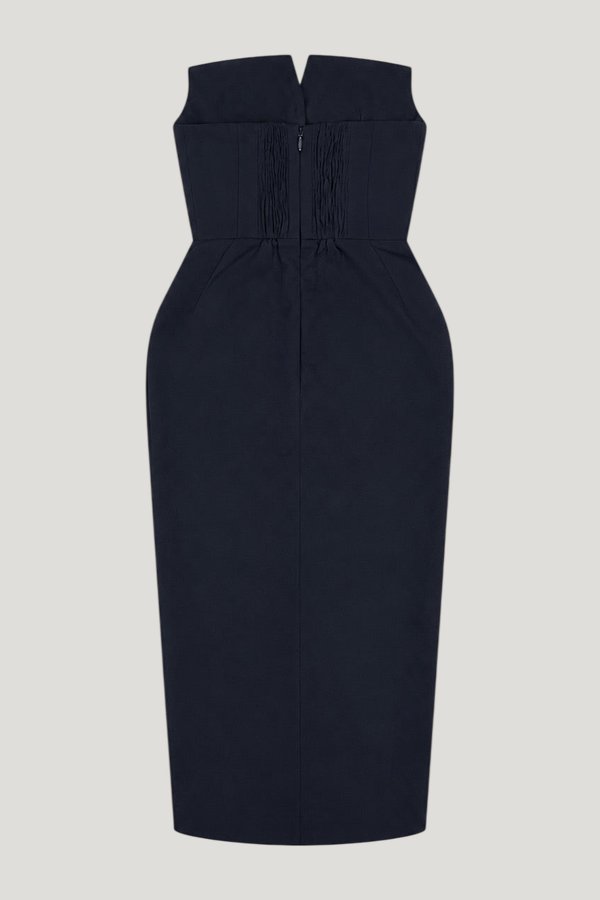 'Marilyn' Exaggerated Square Bandeau Button Detail Midi Dress — model front