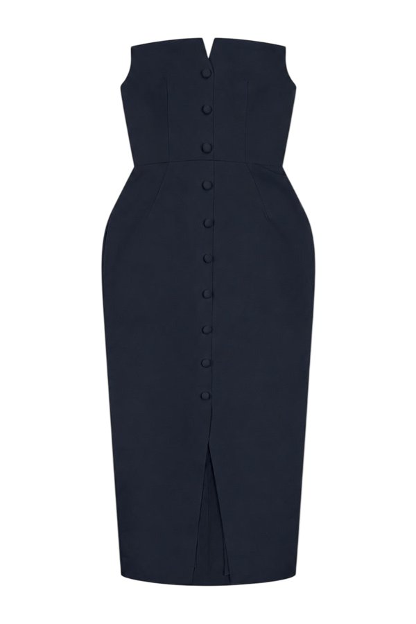 'Marilyn' Exaggerated Square Bandeau Button Detail Midi Dress — packshot
