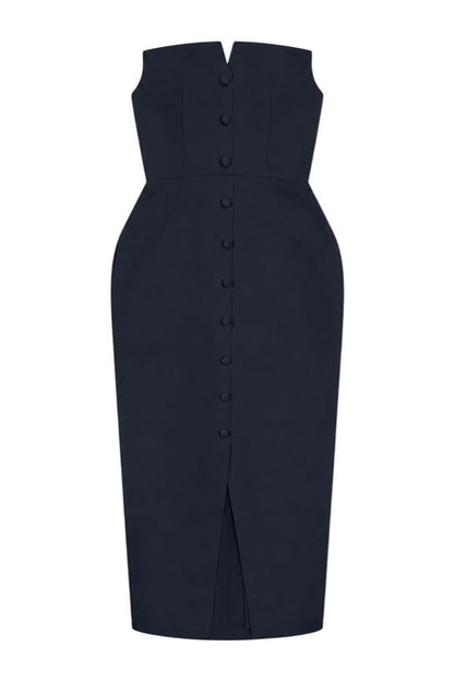 'Marilyn' Exaggerated Square Bandeau Button Detail Midi Dress — packshot