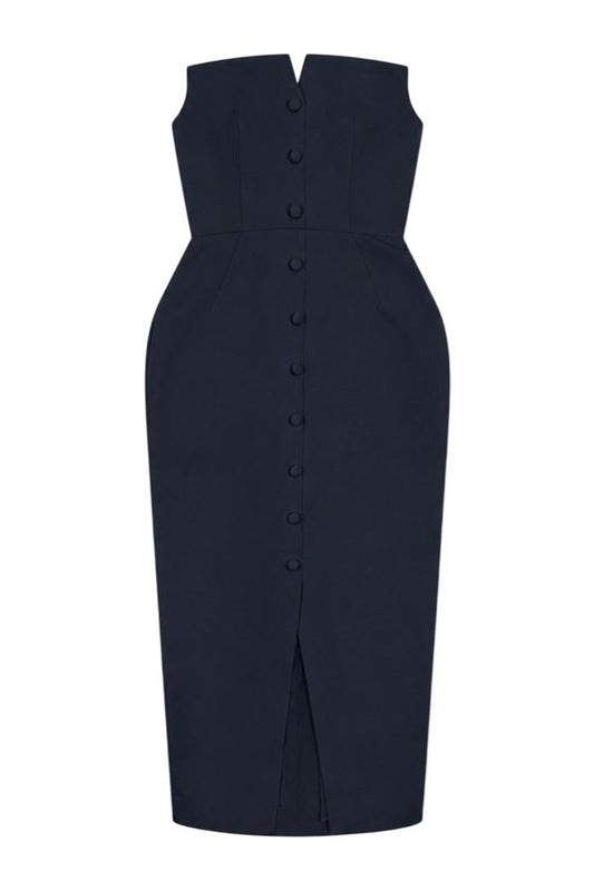 'Marilyn' Exaggerated Square Bandeau Button Detail Midi Dress — packshot