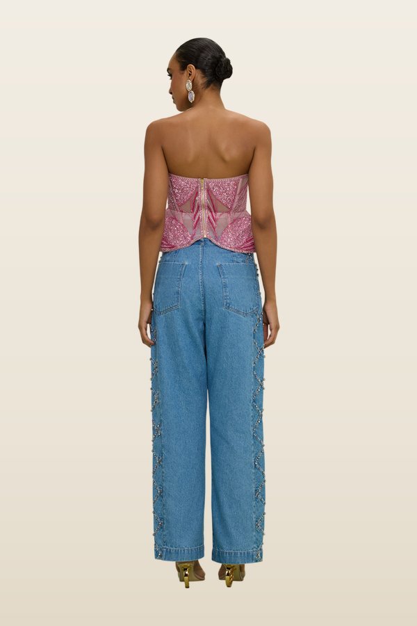Marina Denim Embroidered Pants — model back