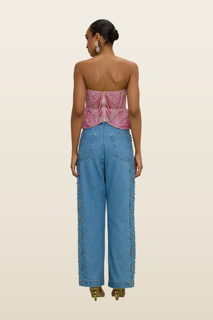 Marina Denim Embroidered Pants — model back