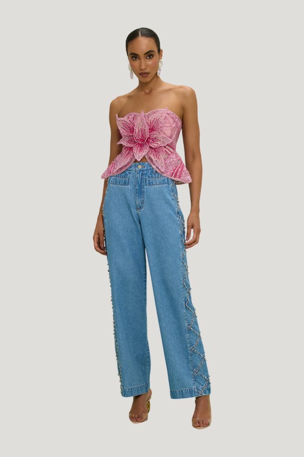 Marina Denim Embroidered Pants — model front