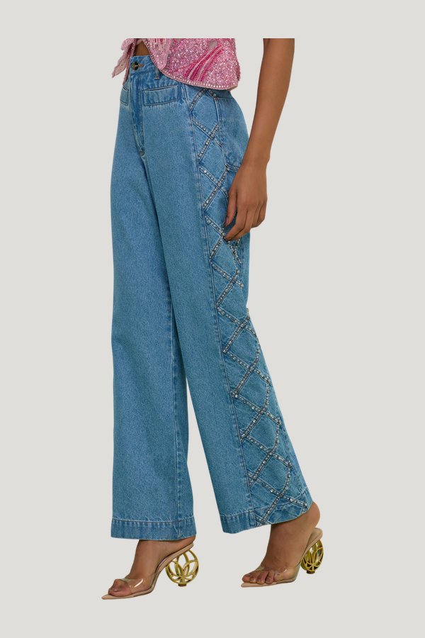 Marina Denim Embroidered Pants — model side