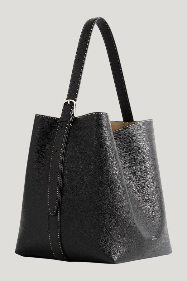 Medium belted grained-leather tote — model front