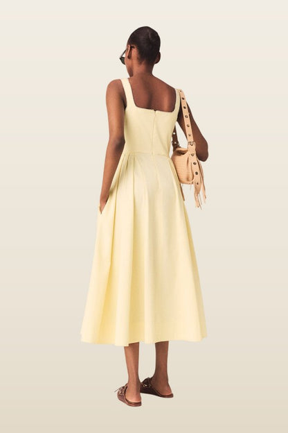 Flared rhinestone-trim midi dress — model back