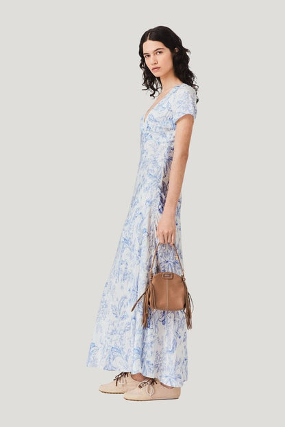 Flowing patterned maxi dress — model side