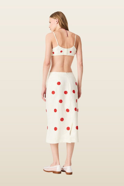 Embroidered linen and silk crop top — model back