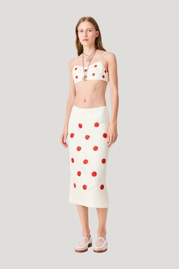 Embroidered linen and silk crop top — model front