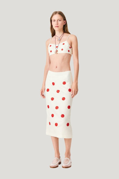 Embroidered linen and silk crop top — model front