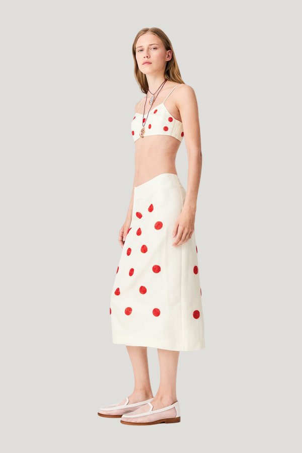 Embroidered linen and silk crop top — model side