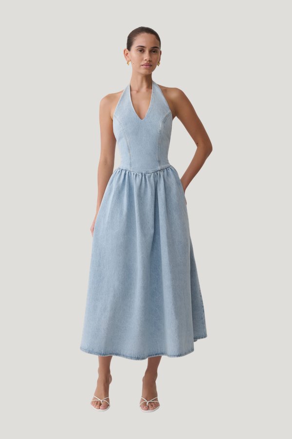 Miller Denim Halter Midi Dress - Classic — model front