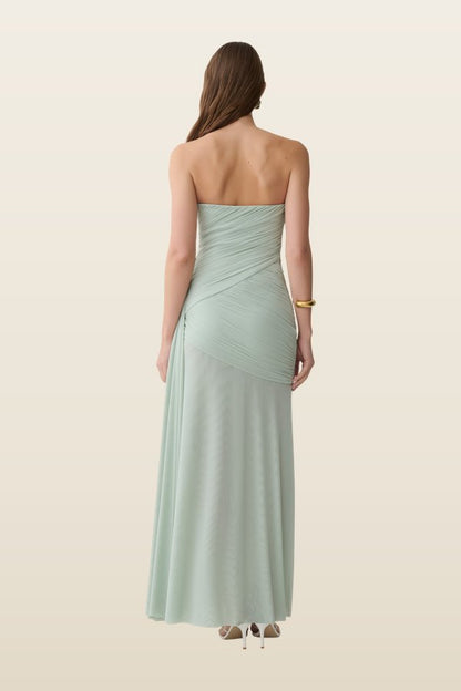 Monet Strapless Ruched Mesh Maxi Dress - Aqua — model back