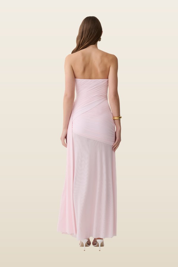 Monet Strapless Ruched Mesh Maxi Dress - Ballet — model back
