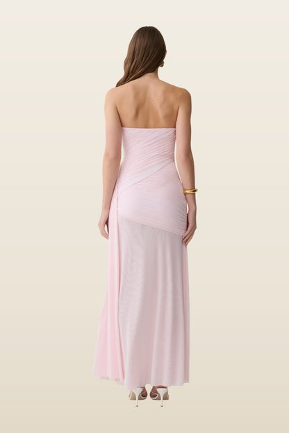 Monet Strapless Ruched Mesh Maxi Dress - Ballet — model back