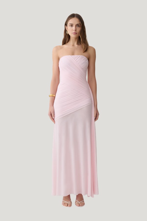 Monet Strapless Ruched Mesh Maxi Dress - Ballet — model front
