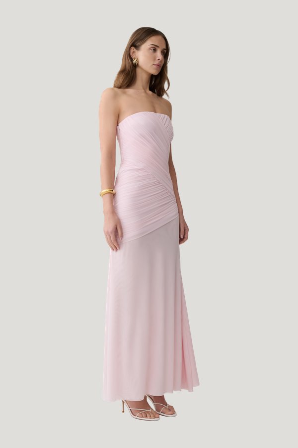 Monet Strapless Ruched Mesh Maxi Dress - Ballet — model side