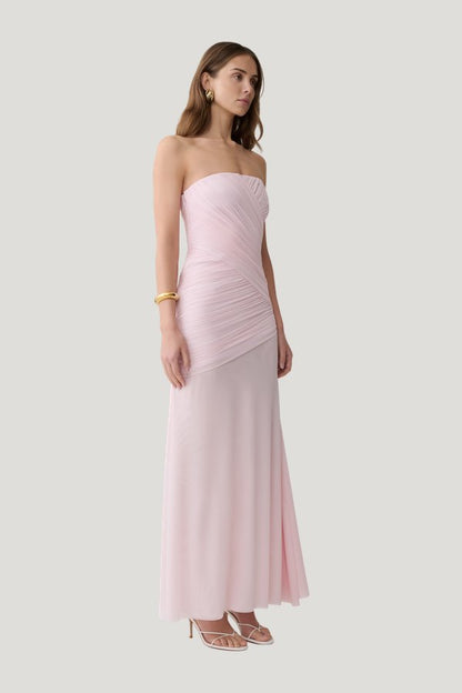 Monet Strapless Ruched Mesh Maxi Dress - Ballet — model side
