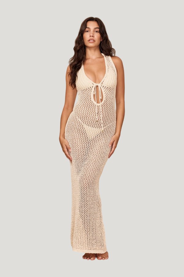 Monte Carlo Tie Dress - Ivory Petit Crochet — model side
