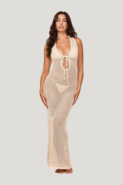 Monte Carlo Tie Dress - Ivory Petit Crochet — model side