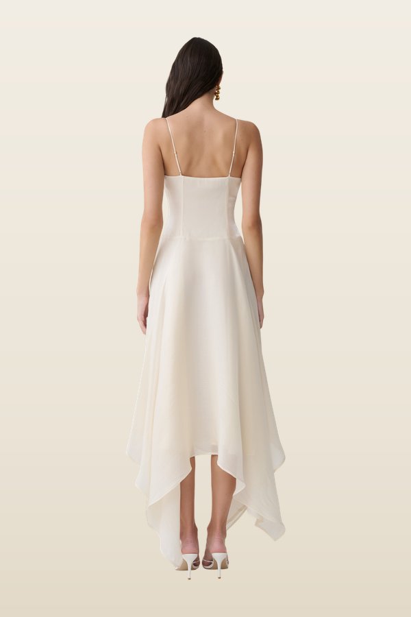 Naomi Satin Asymmetric Hem Maxi Dress — model back