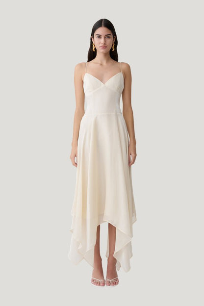 Naomi Satin Asymmetric Hem Maxi Dress — model front