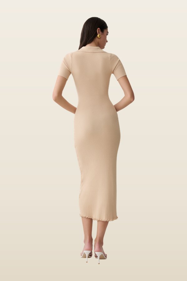 Nichelle Short Sleeve Collared Knit Midi Dress - Natural — model back