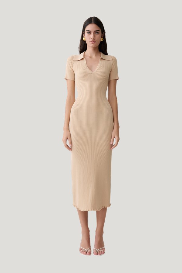 Nichelle Short Sleeve Collared Knit Midi Dress - Natural — model front