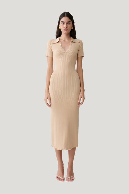 Nichelle Short Sleeve Collared Knit Midi Dress - Natural — model front