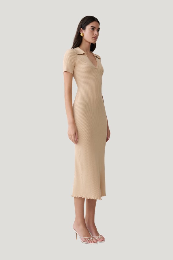 Nichelle Short Sleeve Collared Knit Midi Dress - Natural — model side