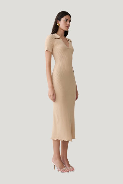 Nichelle Short Sleeve Collared Knit Midi Dress - Natural — model side