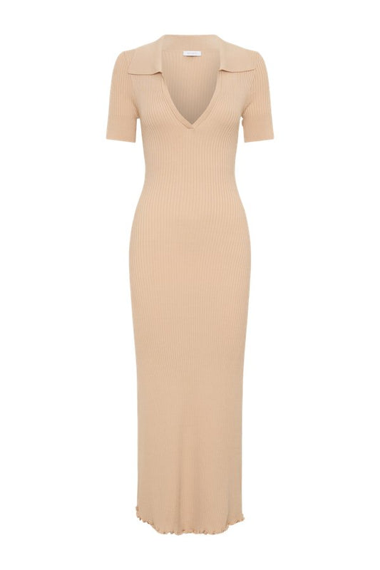 Nichelle Short Sleeve Collared Knit Midi Dress - Natural — packshot