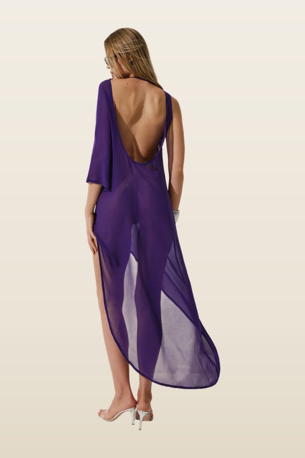 Nightfall dress in Purple silk — model back