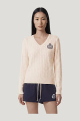 NY Crest V-Neck Cable Sweater — model side