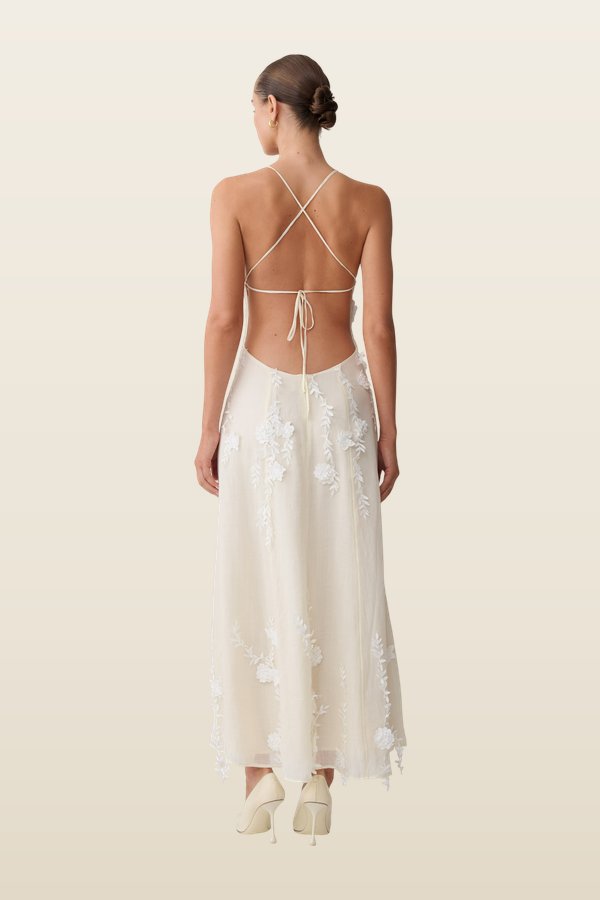 Odette Floral Lace Midi Dress - Buttermilk — model back