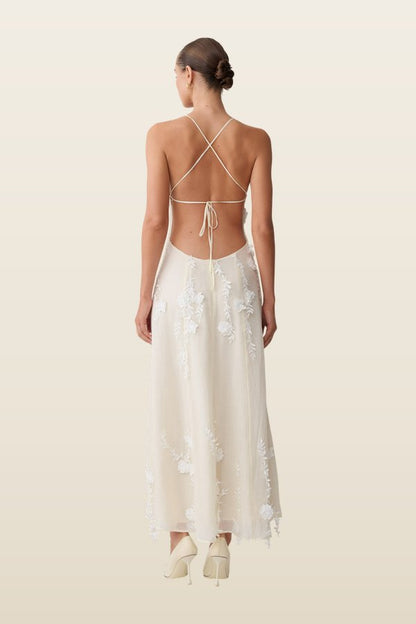 Odette Floral Lace Midi Dress - Buttermilk — model back