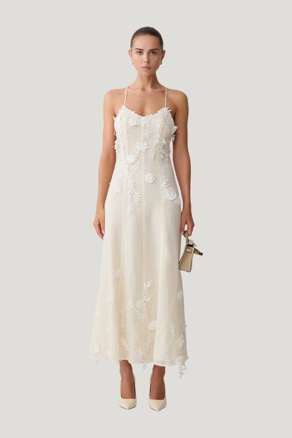 Odette Floral Lace Midi Dress - Buttermilk — model front