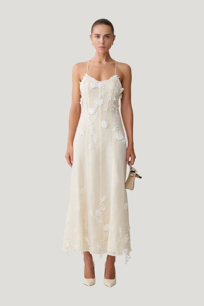 Odette Floral Lace Midi Dress - Buttermilk — model front
