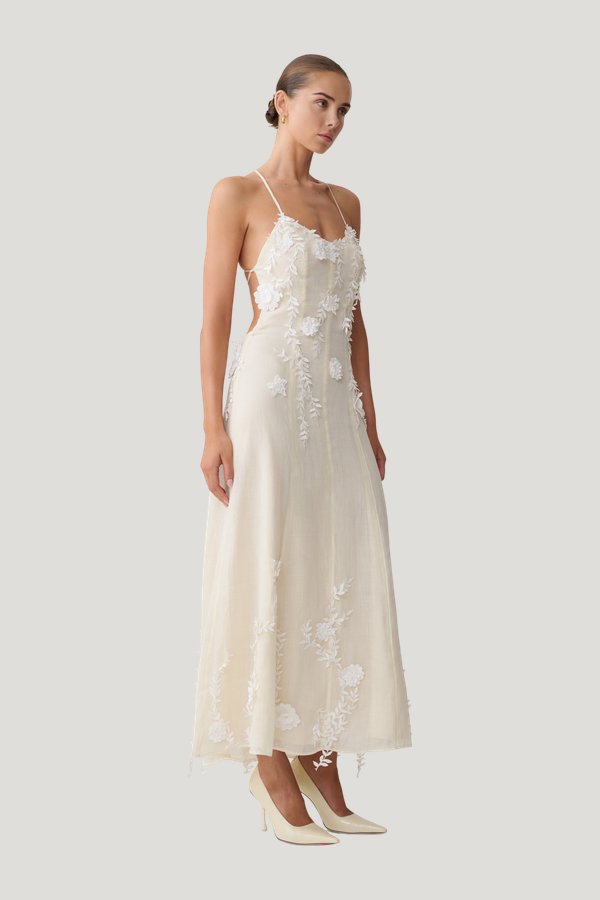 Odette Floral Lace Midi Dress - Buttermilk — model side