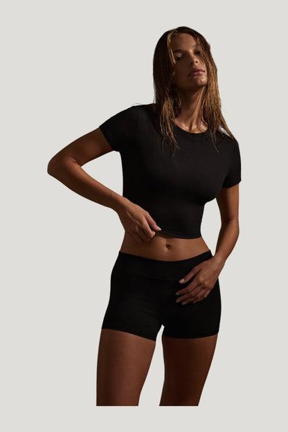 Ojai Tee Crop - Black Lightweight Rib — model side