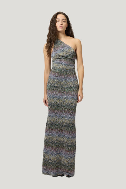 One-shoulder space-dye viscose long dress — model front