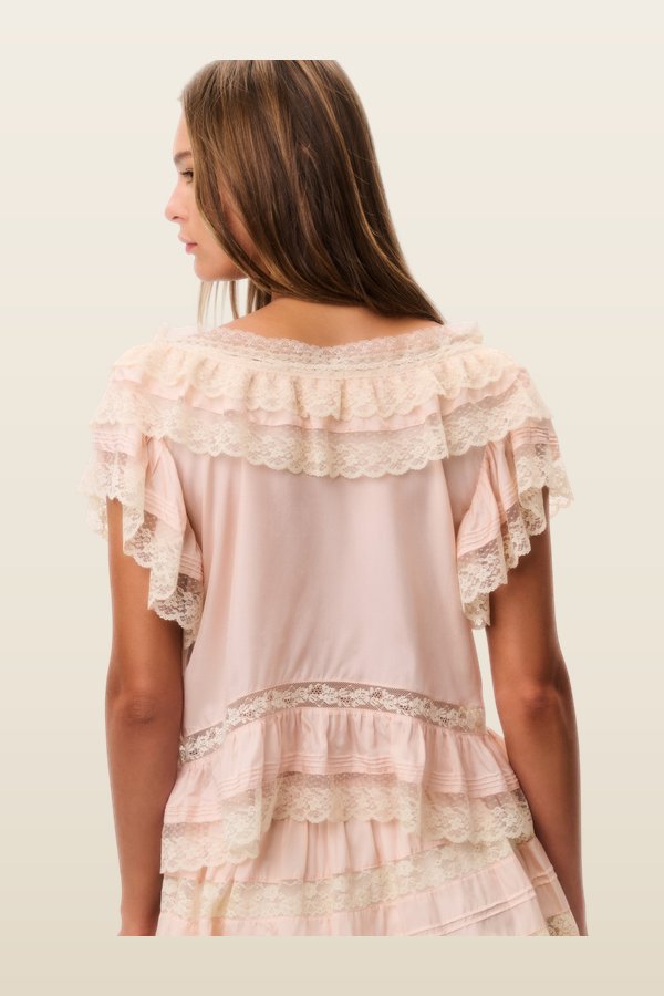 Persine Silk Ruffle Top - PETAL PEACH — model back