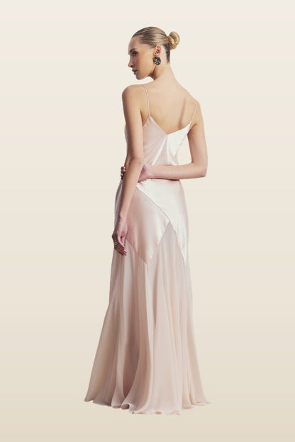 Plunging Satin Handkerchief Hem Gown - Blossom — model back